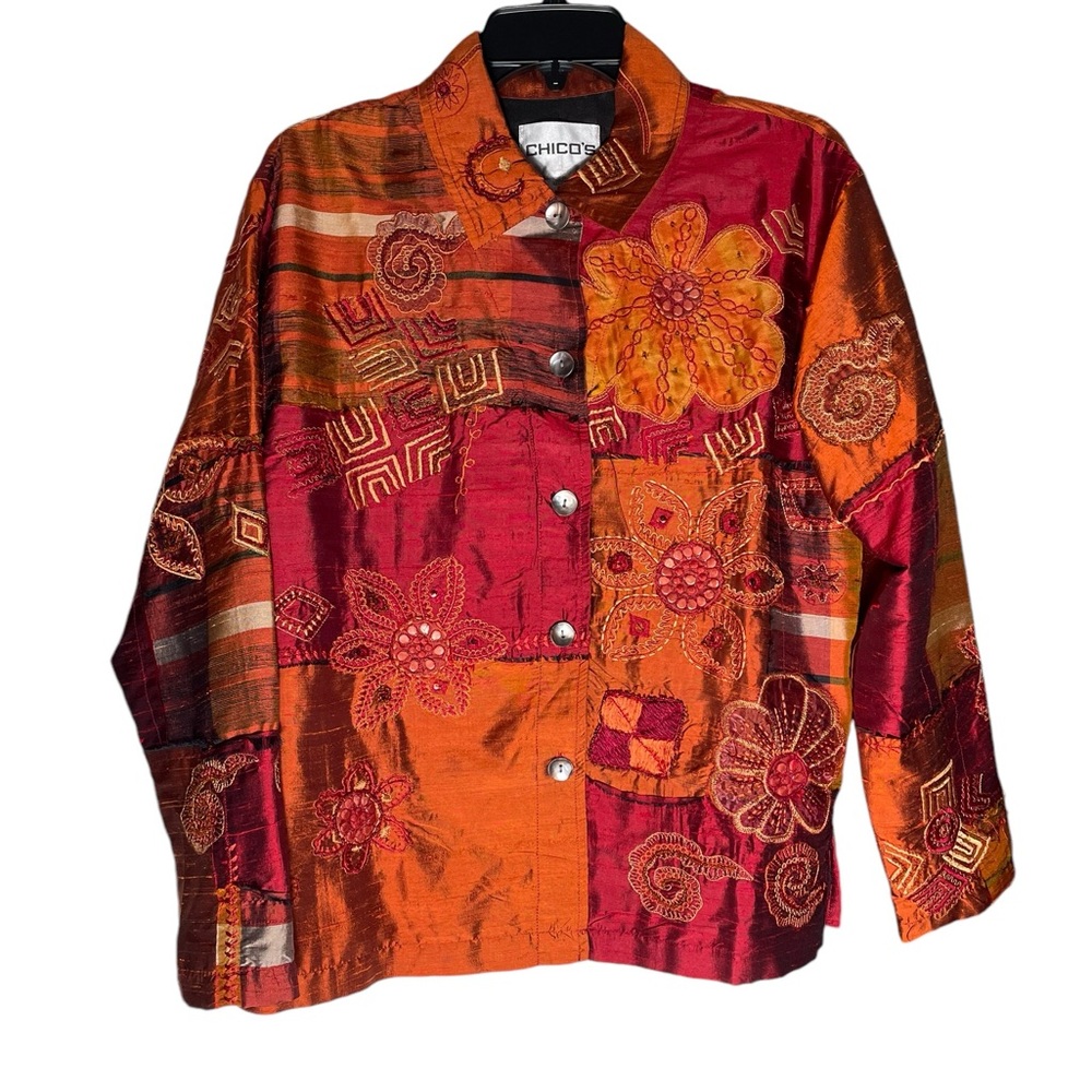 VTG Chicos Silk Button down Jacket Womens size M embroidered Autumn Floral